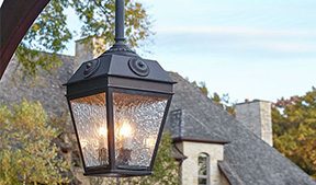 Hanging exterior lantern with textured glass panels