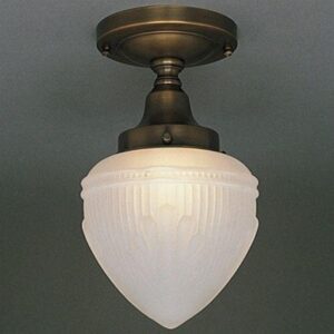Retro solid brass semi flush ceiling light with white pointed glass shade