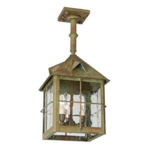 Stonehaven solid stem pendant in Verdigris Patina with Waterfall glass, Window Pane overlay, and a square ceiling canopy.