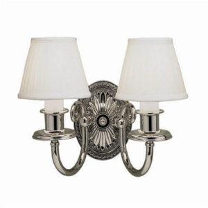 Provence two light curved arm wall sconce with small fabric shades for soft lighting. 