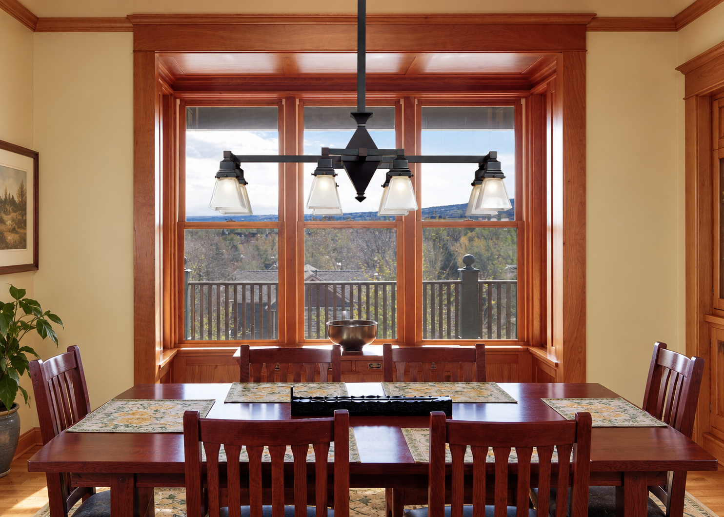 Golden Gate GR-442-B1-03M eight light rectangular chandelier in a Craftsman dining room